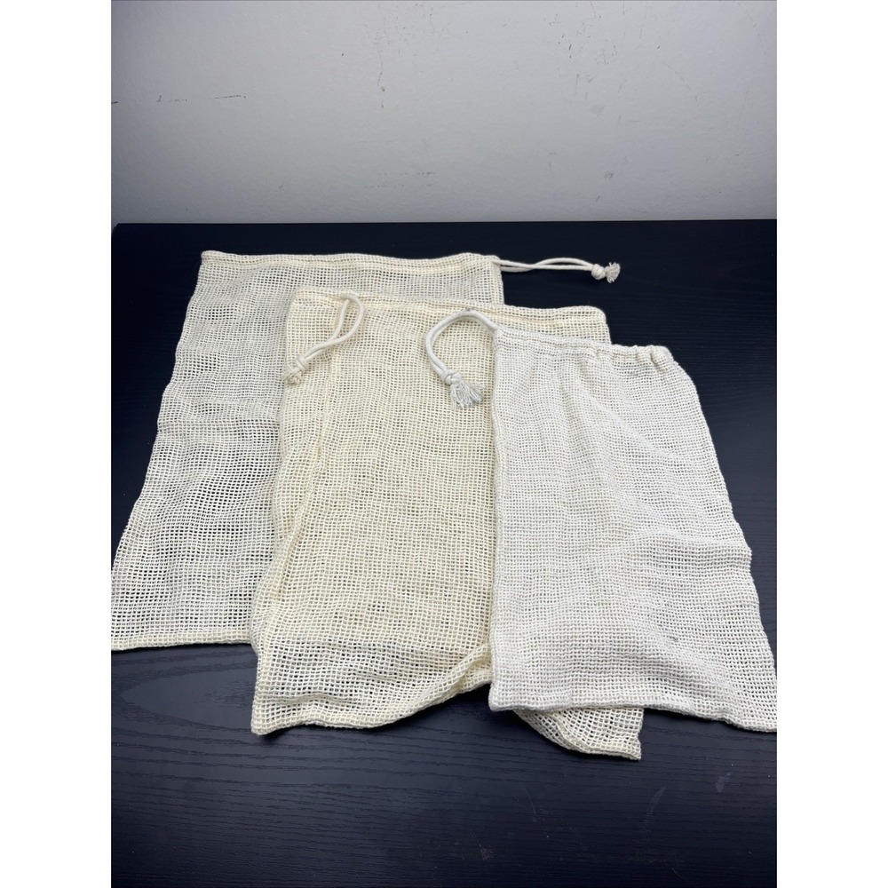Cotton Mesh Produce Bags Lot of 3 Reusable Drawstring Grocery Shopping